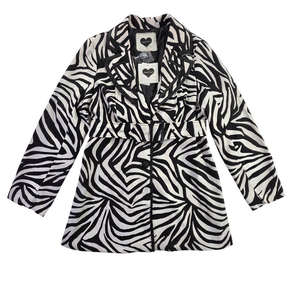 NWT Heart Soul Zebra Print Belted Trench Coat Jacket Black White Women Large L